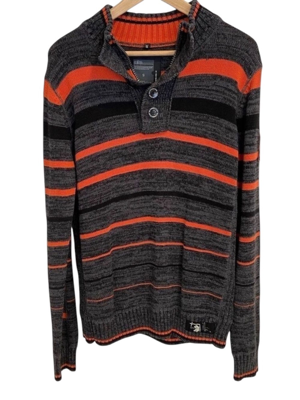 MFM 100% cotton knit sweater black orange stripes long sleeve zipup button small